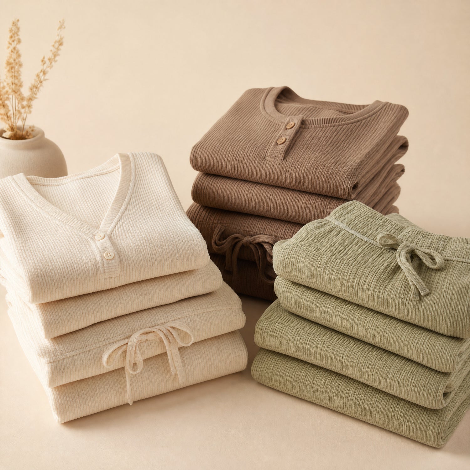 Folded ribbed knit lounge sets in cream, mocha and sage, Lounge collection