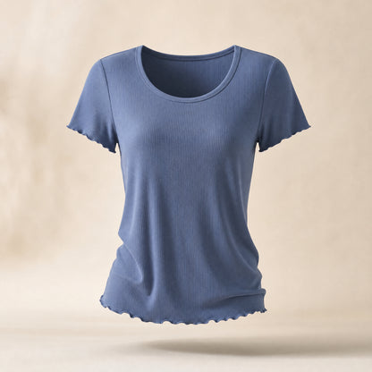 FeatherRib Modal Sleep Tee in Dusk Blue, studio photo on cream background