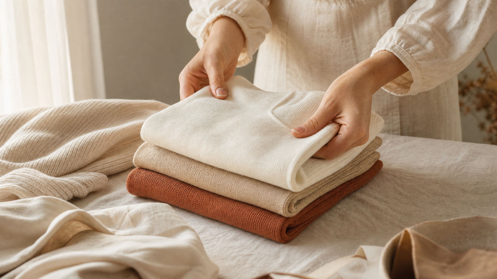 CurvyPower team folding soft-knit fabrics in cream, sand and terracotta