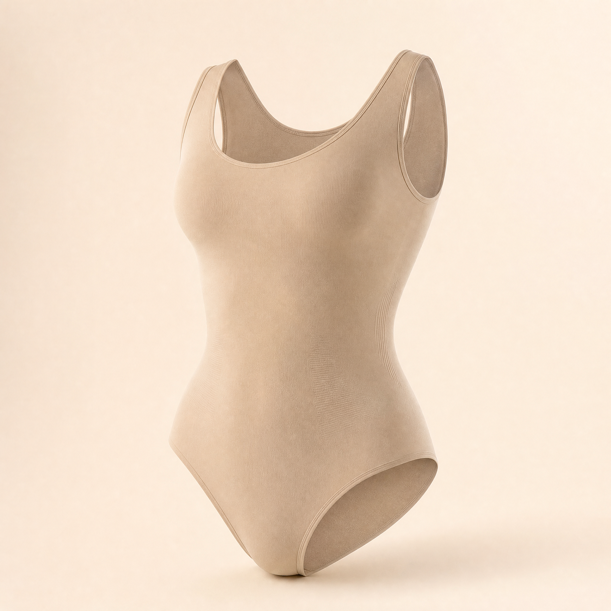 SculptEase Scoop-Neck Shaping Bodysuit in Sand, studio photo on cream background