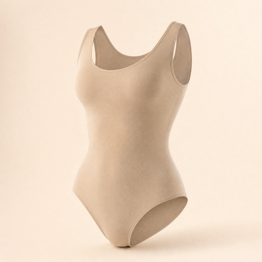 SculptEase Scoop-Neck Shaping Bodysuit in Sand, studio photo on cream background