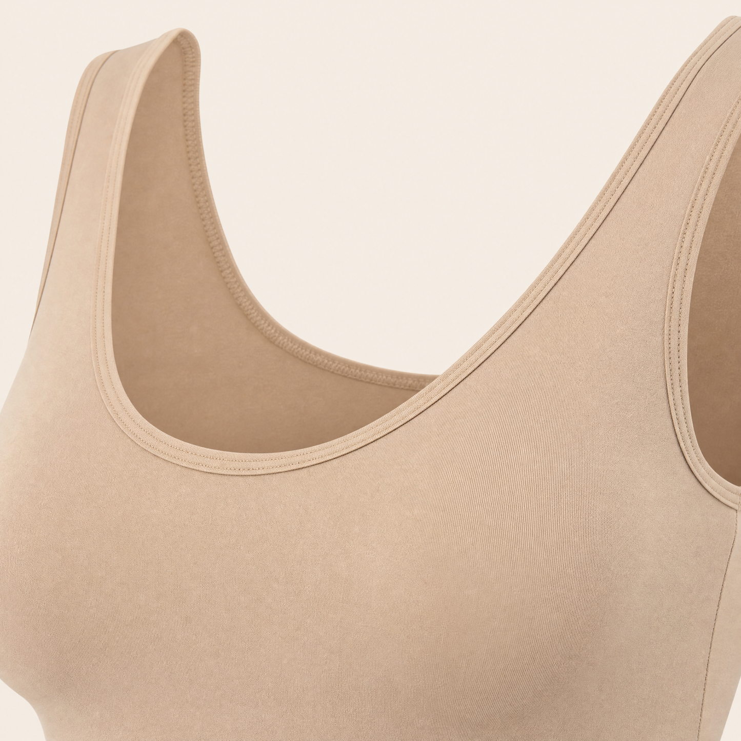 SculptEase Scoop-Neck Shaping Bodysuit in Sand, fabric and fit detail view