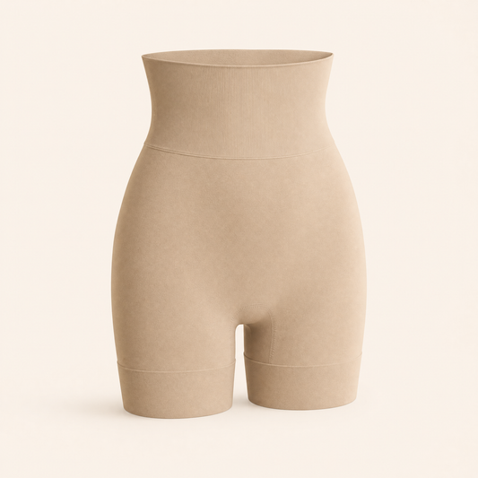DefineWaist High-Rise Shaping Short in Sand, studio photo on cream background