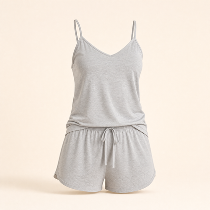 CoolTouch Cami and Short Sleep Set in Soft Grey, studio photo on cream background