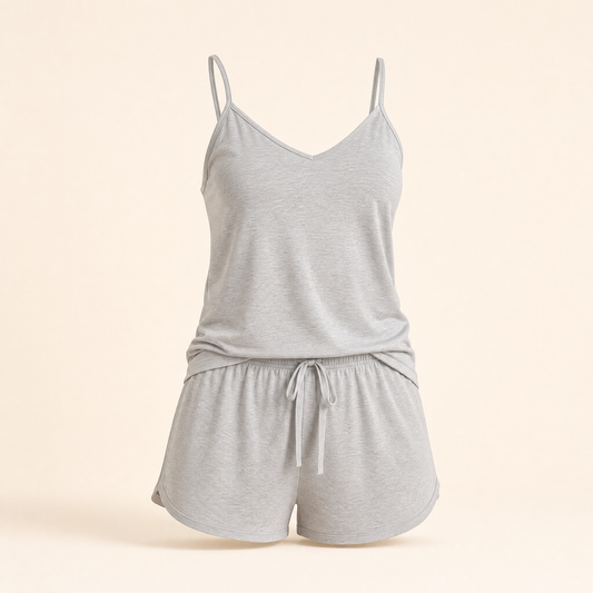 CoolTouch Cami and Short Sleep Set in Soft Grey, studio photo on cream background