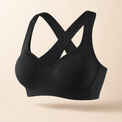 AlignSoft Support Bra in Black, studio photo on cream background