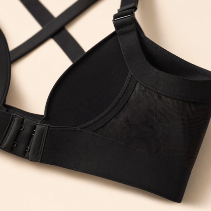 AlignSoft Support Bra in Black, fabric and fit detail view