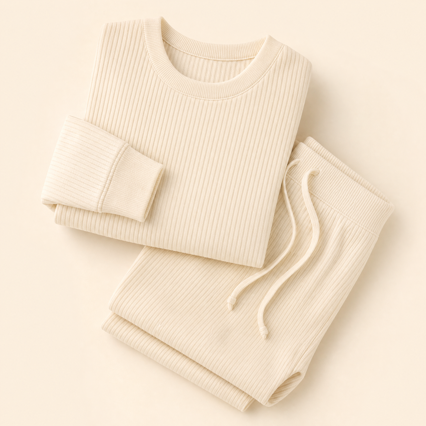 ButterSoft Seamless Lounge Set in Cream, studio photo on cream background