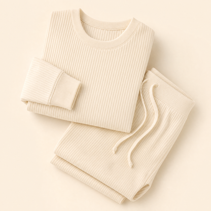 ButterSoft Seamless Lounge Set in Cream, studio photo on cream background